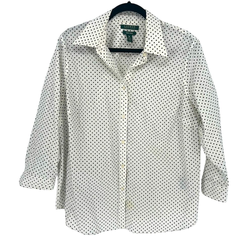 LAUREN Ralph Lauren Women’s Polka Dot 3/4 sleeve Button Down - white & black 1X